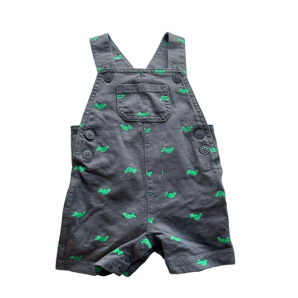 3/20$ Baby grey & green turtle print shortalls short overalls size 6 months